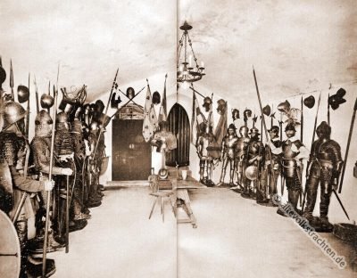 Waffenkammer, Waffensammlung, Militaria, Rüstungen, Ritter