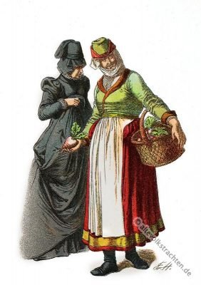 Deutsche Trachten, Volkstracht Elsass, Strassburg, Bauerntrachten, Alte Dirndl, 16. Jahrhundert, Mode