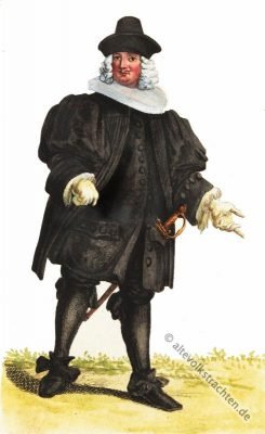 Basler Ratsherr in der Mode des Barock um 1600. Ratsherr, Basel, Schweiz, Modegeschichte, Ratsherren Kostüm, Barock Kleidung, Schweizer Tracht, 17. Jahrhundert, Mode, historische Bekleidung,