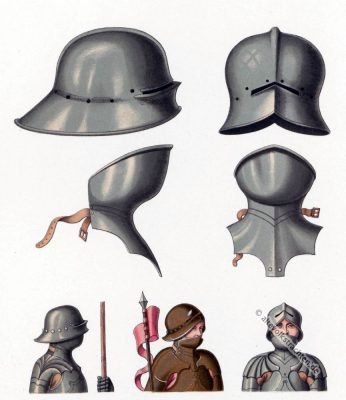 Mittelalter Helm. Schaller, Barthaube. Militär der Gotik. 15. Jahrhundert.