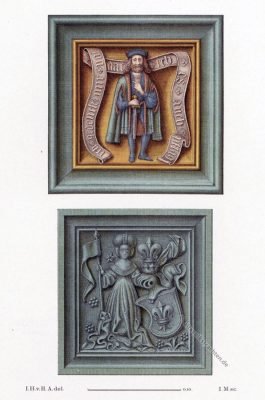 Ofenkacheln im Mittelalter. 15. Jahrh. Deutsche Gotik. Gotische Ofenkachel. Gotik. 15. Jahrhundert. Mittelalter. Ritter von Dettlingen. Wappen.