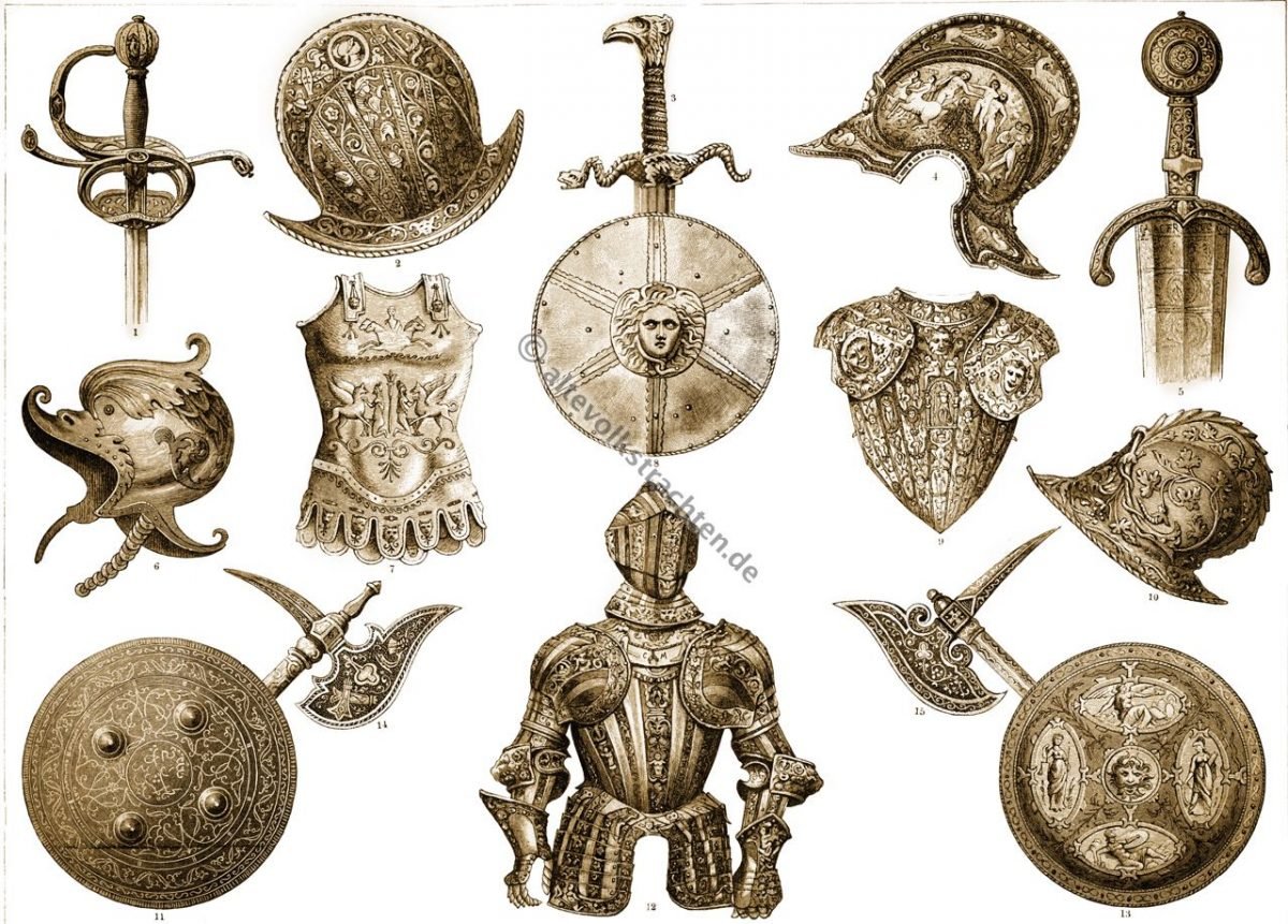 Rüstungen. Waffen. Mittelalter. Renaissance. Ritter. Militär. Schwerter. Schilde