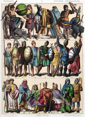 Mittelalter, Kleidung, Kostüme, Trachten, Schotten, Angelsachsen, Modegeschichte, Kostümgeschichte, Friedrich Hottenroth