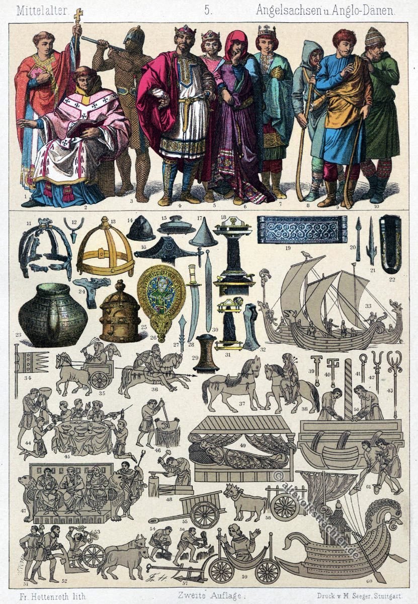 Mittelalter, Gewandung, Wikinger, Nordmänner, Drachenschiffe, Rüstung, Kostüme, Trachten,  Friedrich Hottenroth