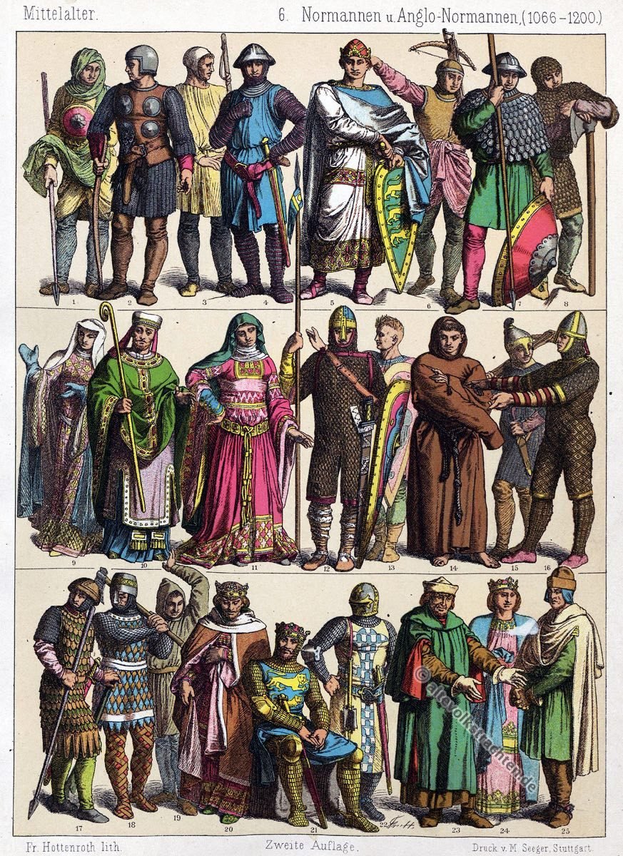 Mittelalter, Kostüme, Bekleidung, Normannen, Wikinger, Angelnormannen, Modegeschichte, Kostümgeschichte, Friedrich Hottenroth