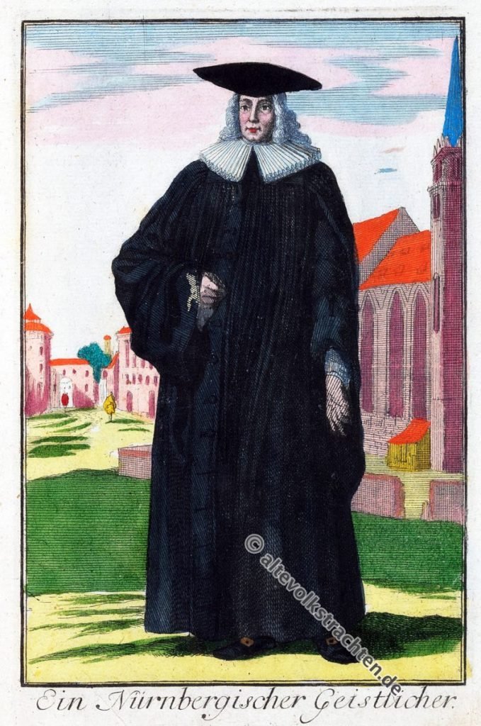 Kostüm Geistlicher aus Nürnberg im 17. Jahrhundert. Ständebuch 1698 von Casper Luyken Geistlicher, Barock,Rokoko, Mode, Kostüm, Soutane, Pfarrer, Kirchlich, 18. Jahrhundert, Mode, Geschichte, Epoche
