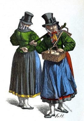 Holstein, Tracht, 19. Jahrhundert, Butterhändlerin, Dirndl, Zylinder, Friedrich Hottenroth, Kostümgeschichte