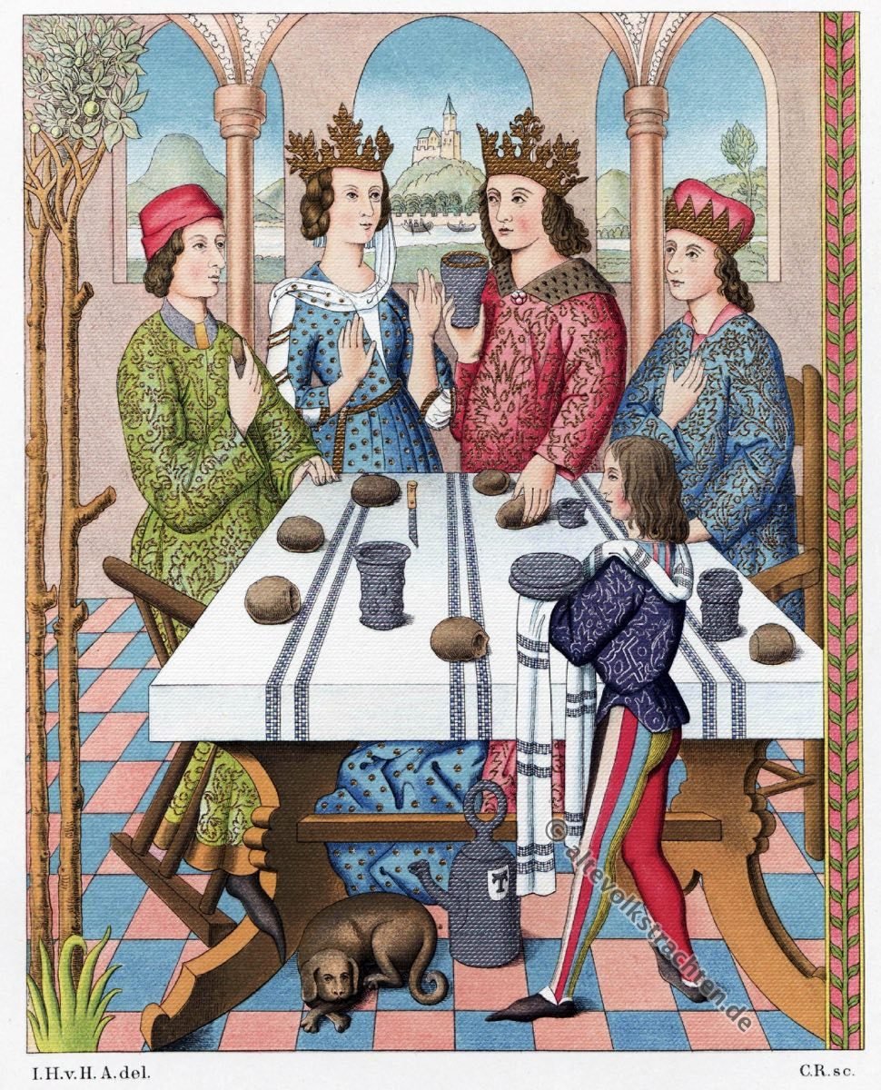 Kostüme im 15. Jahrhundert Hochrenaissance, Gastmahl, Deutscher König, Minne, Mi-parti, Königin, Renaissance, Kleider, Mode, Kostümgeschichte, Modegschichte, Hefner-Alteneck, Wandteppich, 16. Jahrhundert