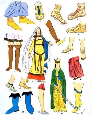 Schuhe, Sandalen, Merowinger, Gallier, Kostümkunde, 5. Jahrhundert, Kelten, Gallien, Kostüme, Paul-Louis de Giafferri