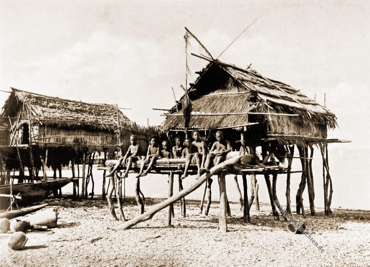 Native Houses, Koilapu, Papuasia, Papua New Guinea, J. W. Lindt