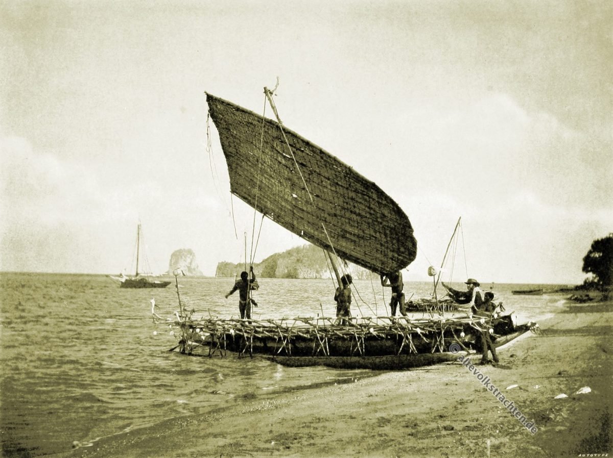 Teste Island, Bell Rock, Cliffy Island, Canoe, vessel, Native, dress, Papuasia, Papua New Guinea, J. W. Lindt,