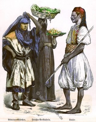 Münchener Bilderbogen. Beduinen Mädchen, Früchteverkäuferin, Läufer. Beduine, Beduinenmädchen, Früchteverkäuferin, Läufer, Ägypten, Trachten, Kostüme, Münchener Bilderbogen, Kostümgeschichte,