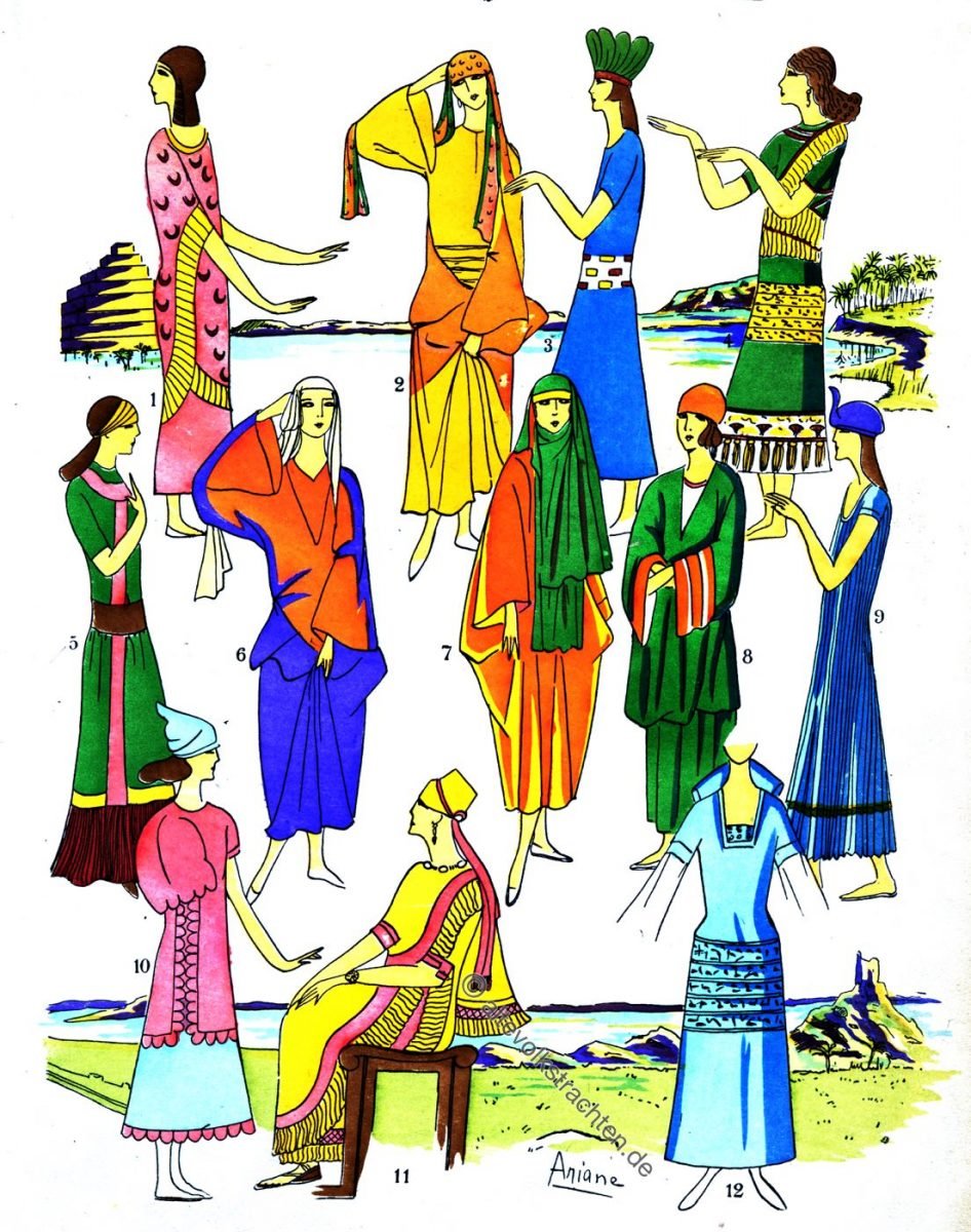 Elegante Damen, Assyrien, Mesopotamien, Kleider, Mode, Kleidung, Trachten, Kostümgeschichte, Paul Louis de Giafferri