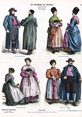 Historische Trachten aus Starnberg und Wolfratshausen. Trachten, Starnberg, Wolfratshausen, Brautjungfern, Münchener Bilderbogen