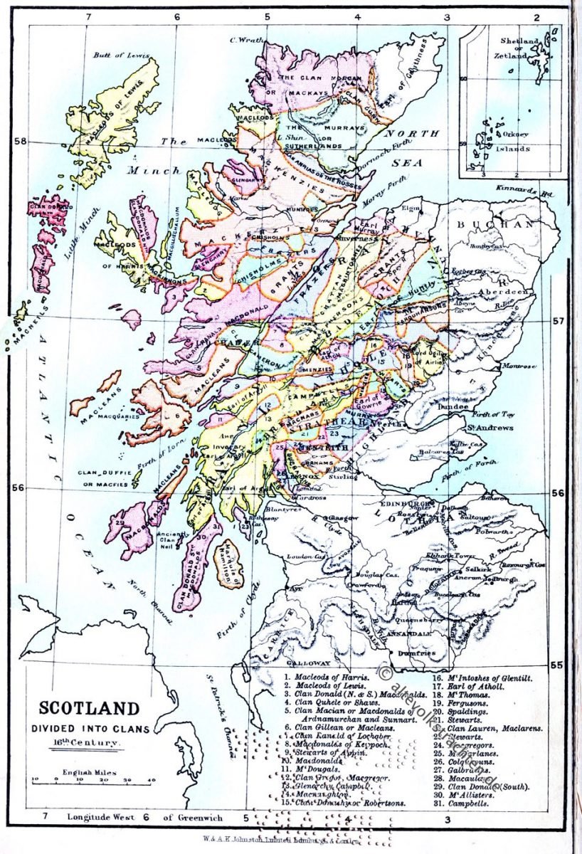 Landkarte der schottischen Clans im 16. Jahrhundert Landkarte, Clans, Schottland, 16. Jahrhundert