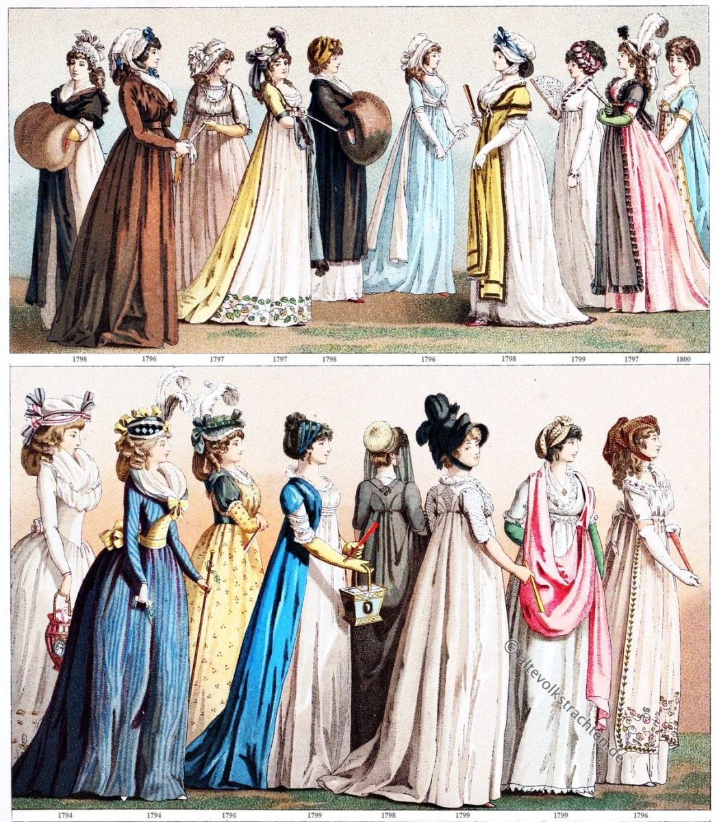 Mode des Direktorium, Empire 1794 - 1800. Mode, Kostüme, Frankreich, Direktorium, Empire, Modegeschichte, Auguste Racinet, 18 Jahrhundert, Klassizismus