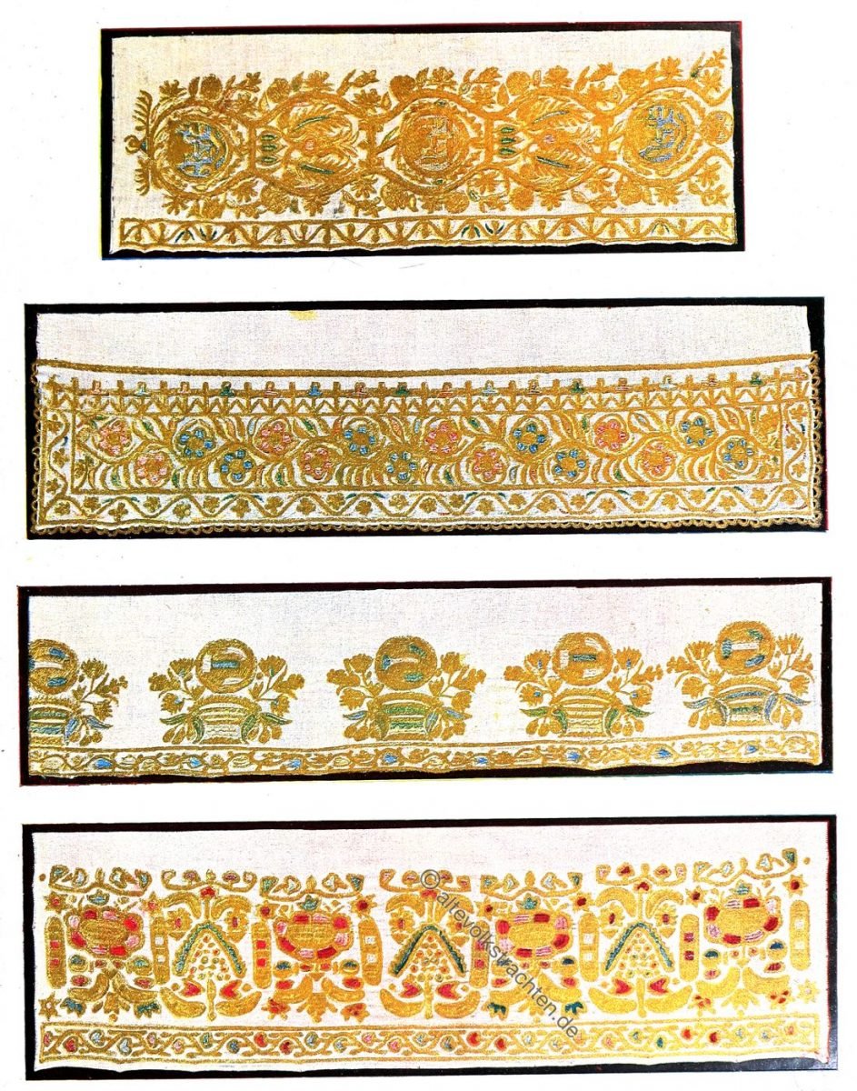 Schmucktücher mit Gold- und Seidenstickerei. Albanien. Schmucktuch, Seidenstickerei, Goldstickerei, Albanien, Balkan, Shkodra, Shkodër, Scutari, Volkskunst