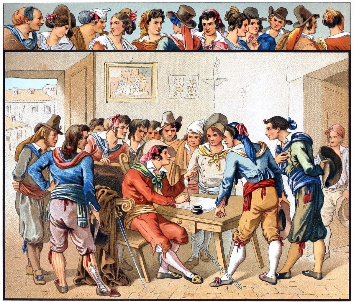 ITALIEN. RÖMISCHE VOLKSTRACHTEN DES 19. JAHRHUNDERTS. Italien, Volkstrachten, Trastevere, Rom, Römer, Trachten, Kostüme, Auguste Racinet,