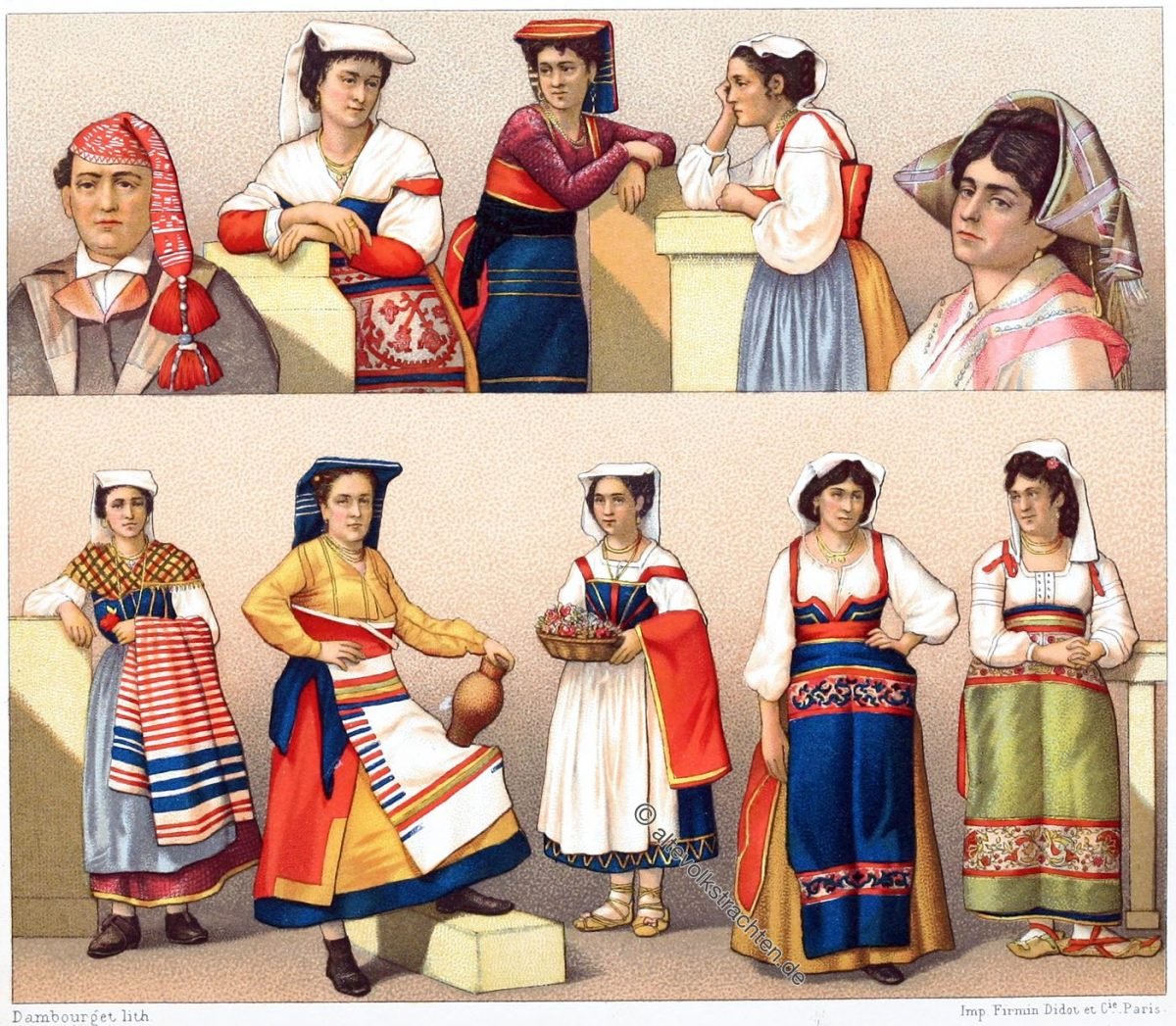 ITALIEN. RÖMISCHE VOLKSTRACHTEN DES 19. JAHRHUNDERTS. Italien, Volkstrachten, Ancona, Trastevere, Rom, Römer, Trachten, Kostüme, Auguste Racinet, Ostia