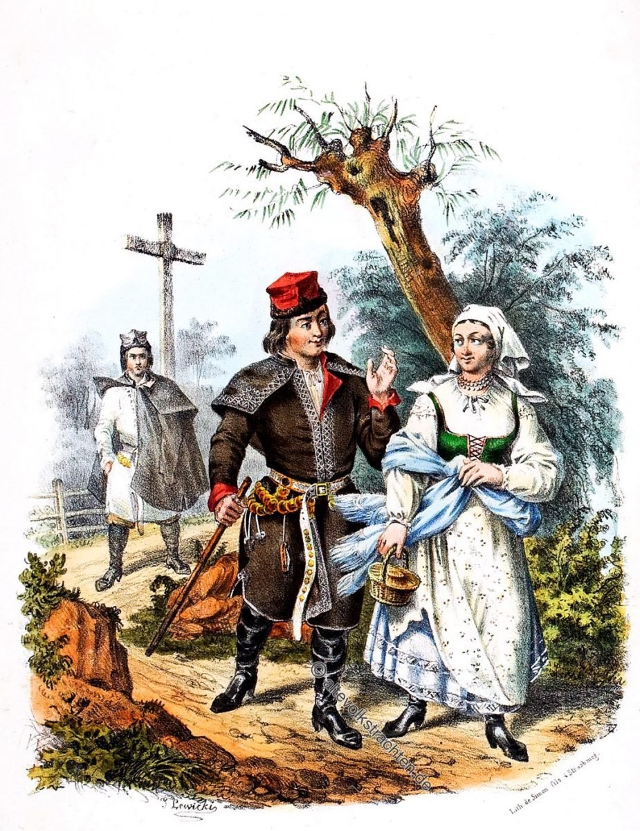 Polnische Landleute aus der Gegend von Skalbmierz. Skalbmierz, Trachten, Szkalmierzacy, Polen, Szkalmier, Landleute, Bauerntrachten