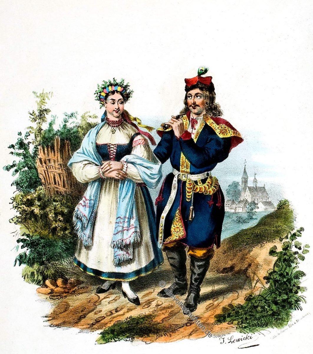 Krakowiacy. Landleute aus der Gegend von Krakau. Sonntagstracht. Krakau, Polen, Krakowiacy, Trachten, Ubior, świąteczny, Wschodni, stroj krakowski