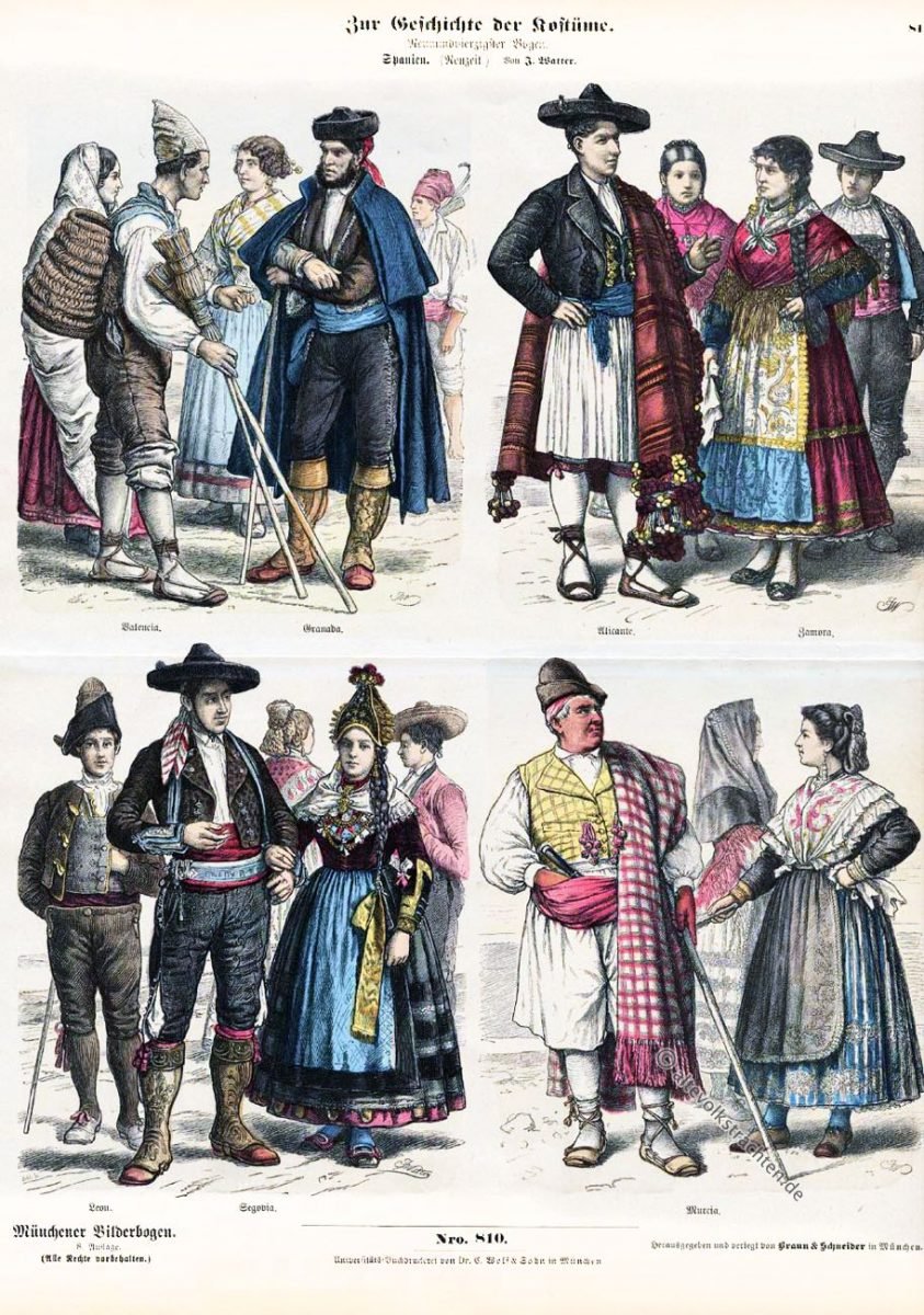 Kostüme, Trachten, Spanien, Münchener Bilderbogen, Valencia, Granada, Alicante, Zamora, León, Segovia, Murcia