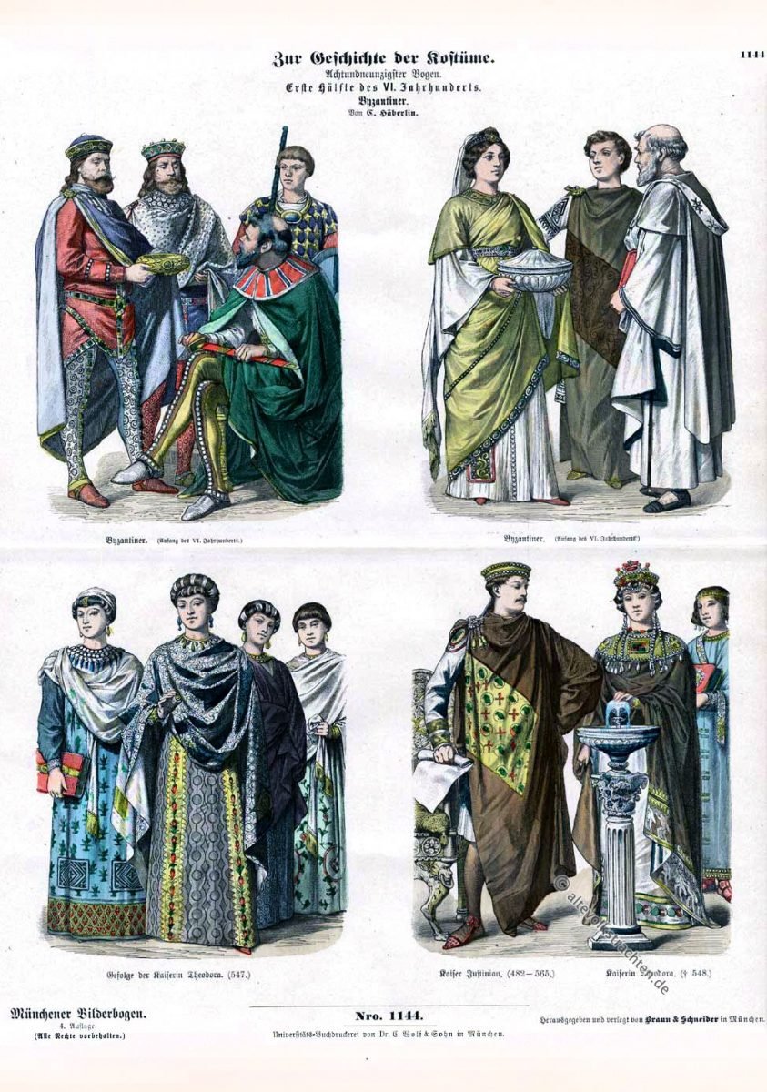 Kaiser Justinian, Kaiserin Theodora, Byzantiner, Byzanz, Kleidung, Mode, Münchener Bilderbogen.