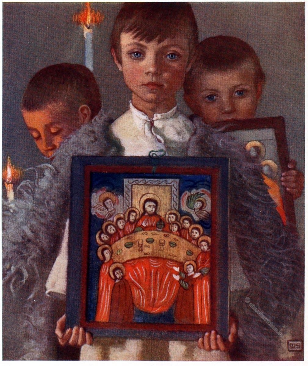 Marianne Stokes, Prozession, Trachten, Desze, Deseşti, Maramures, Rumänien, Romania, Religious Procession