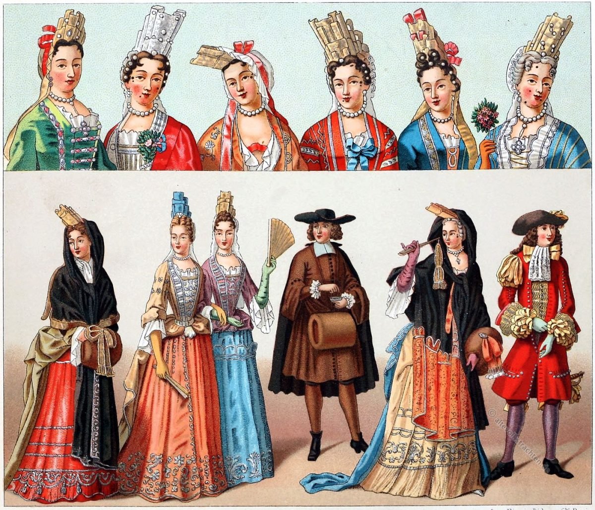 Auguste Racinet, Fontange, Amadiskostüm, Mode, Ludwig XIV, Barock, Kostümgeschichte, Schönheitspflästerchen