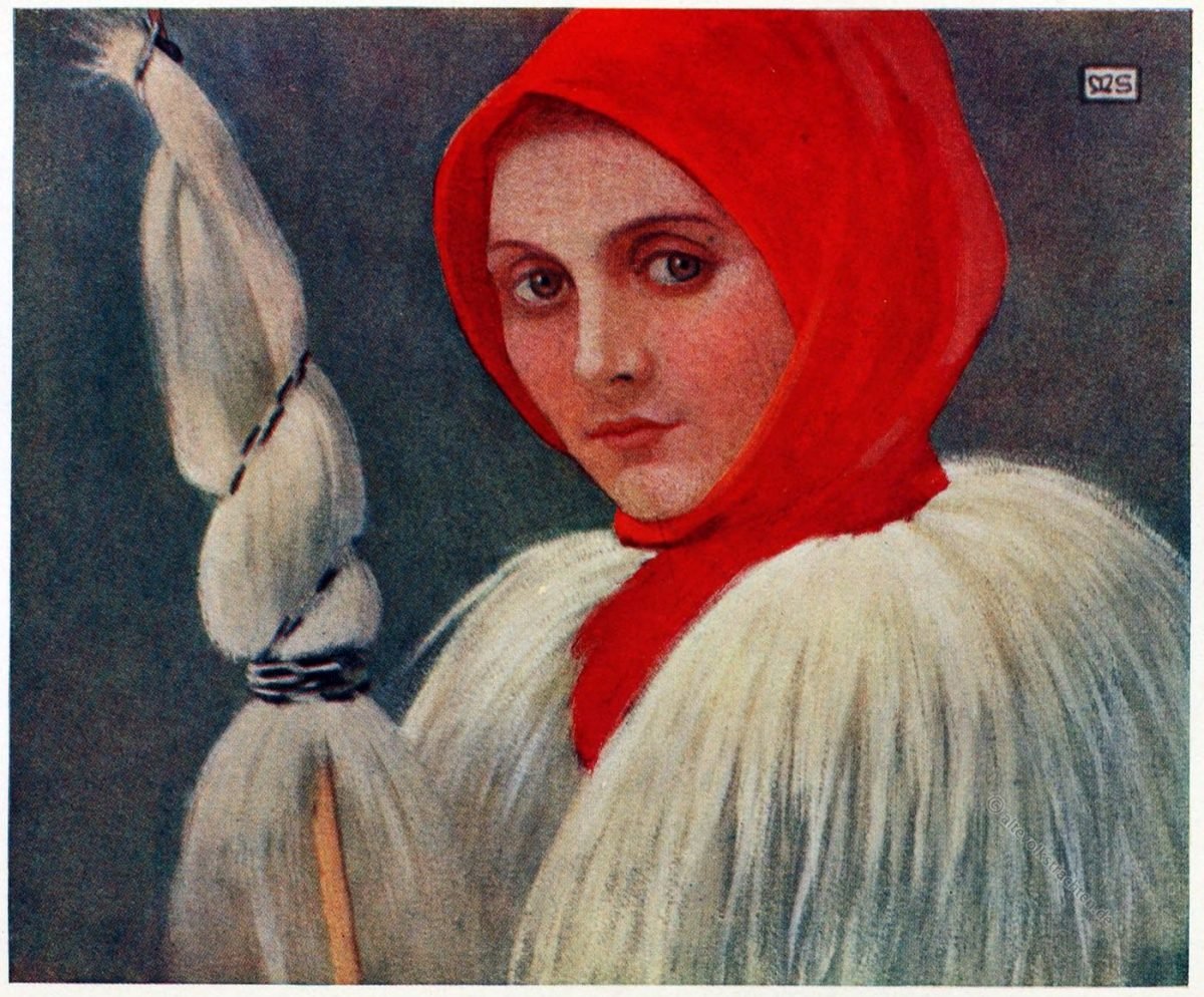 Marianne Stokes, Kleidung, Tracht, Guba, Lodenmantel, Chiuzbaia, Kisbánya, Karpaten, Rumänien, Siebenbürgen