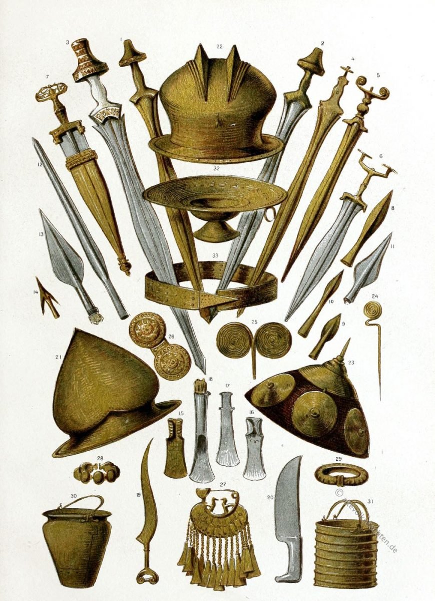 Hallstatt, Schwerter, Dolche, Lanzenspitzen, Messer, Helme, Schmuck
