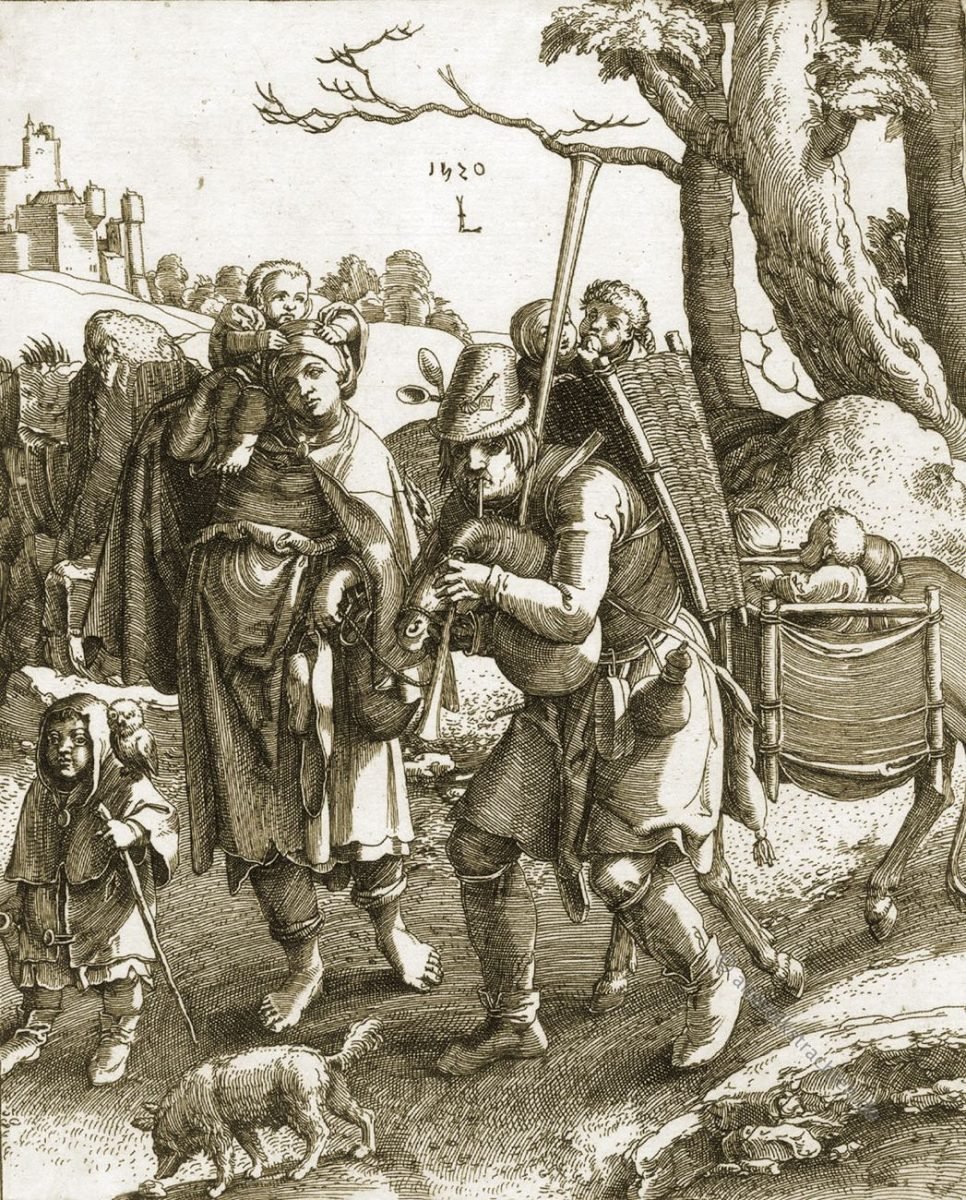 Lucas van Leyden, Bettlerfamilie, Bettler, Mittelalter, Trachten, Kupferstich, Eulenspiegel