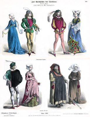 Münchener Bilderbogen, Patrizier, Burgund, Mittelalter, Mode, Kostüme, Gotik