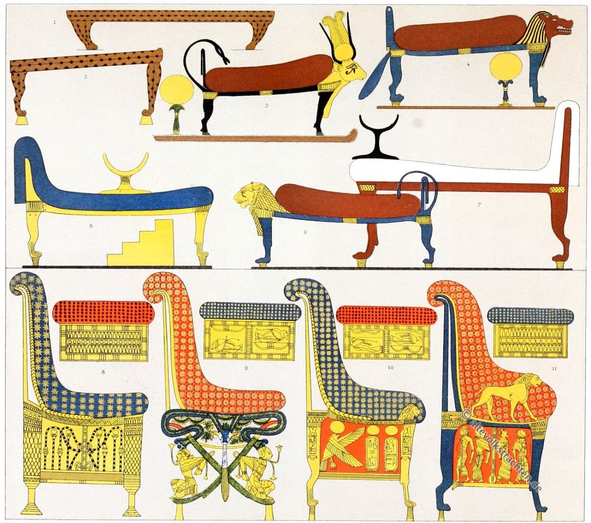 Auguste Racinet, Ägypten, Mobiliar, Antike, Ruhebetten, Thronsessel, Stühle,