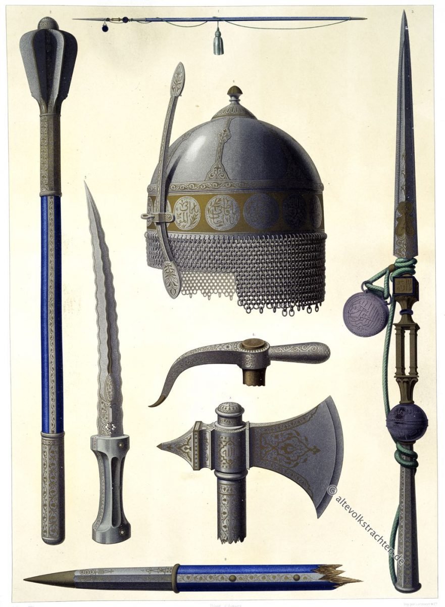 Armes, Toman-Bay, Arabien, Damaszener, Waffen, Helm, Speer, Dolch, Axt, Djuban, Khorasan, Émile Prisse d’Avennes