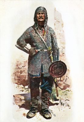 Ein bewaffneter Chewsur nach Max Tilke. Georgien. Chewsuren, Georgien, Chewsurianer, Ritter, Krieger, Kaukasus, Waffen