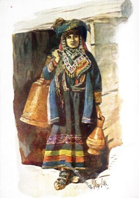 Tracht einer Chewsuren Frau, Georgien, nach Max Tilke, 1915. Chewsuren, Georgien, Max Tilke, Kaukasus, Trachten,