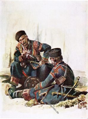 Trachten der Chewsuren im Kaukasus nach Max Tilke, 1915. Chewsuren, Georgien, Max Tilke, Kaukasus, Trachten,