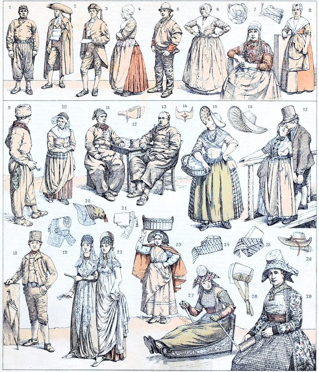 Niederlande. Moderne Trachten. Zusammengestellt mit solchen aus dem Anfang des 19. Jahrhunderts.