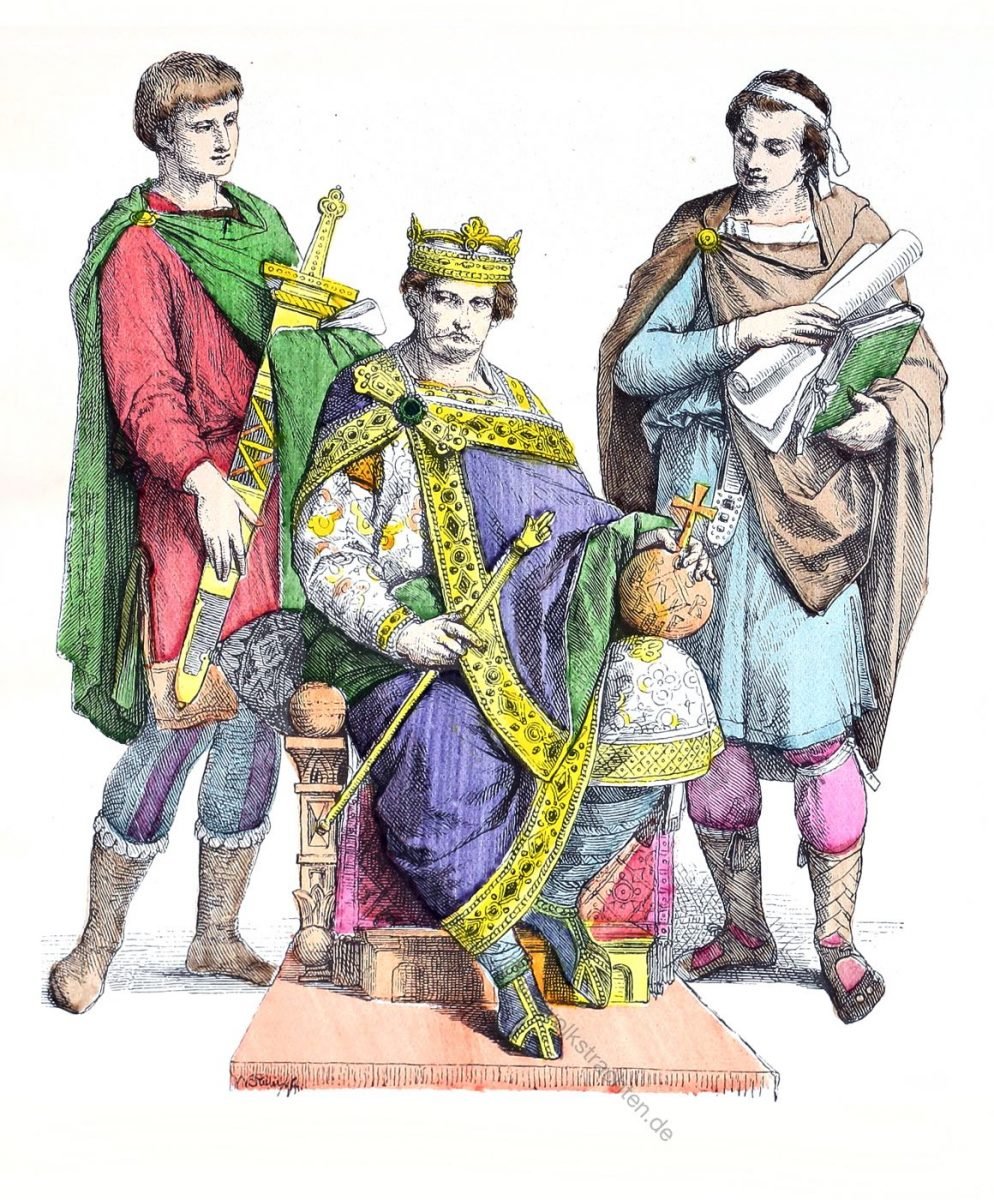 Karl der Große im kaiserlichen Ornat, mit Hofschreiber und Knappe.