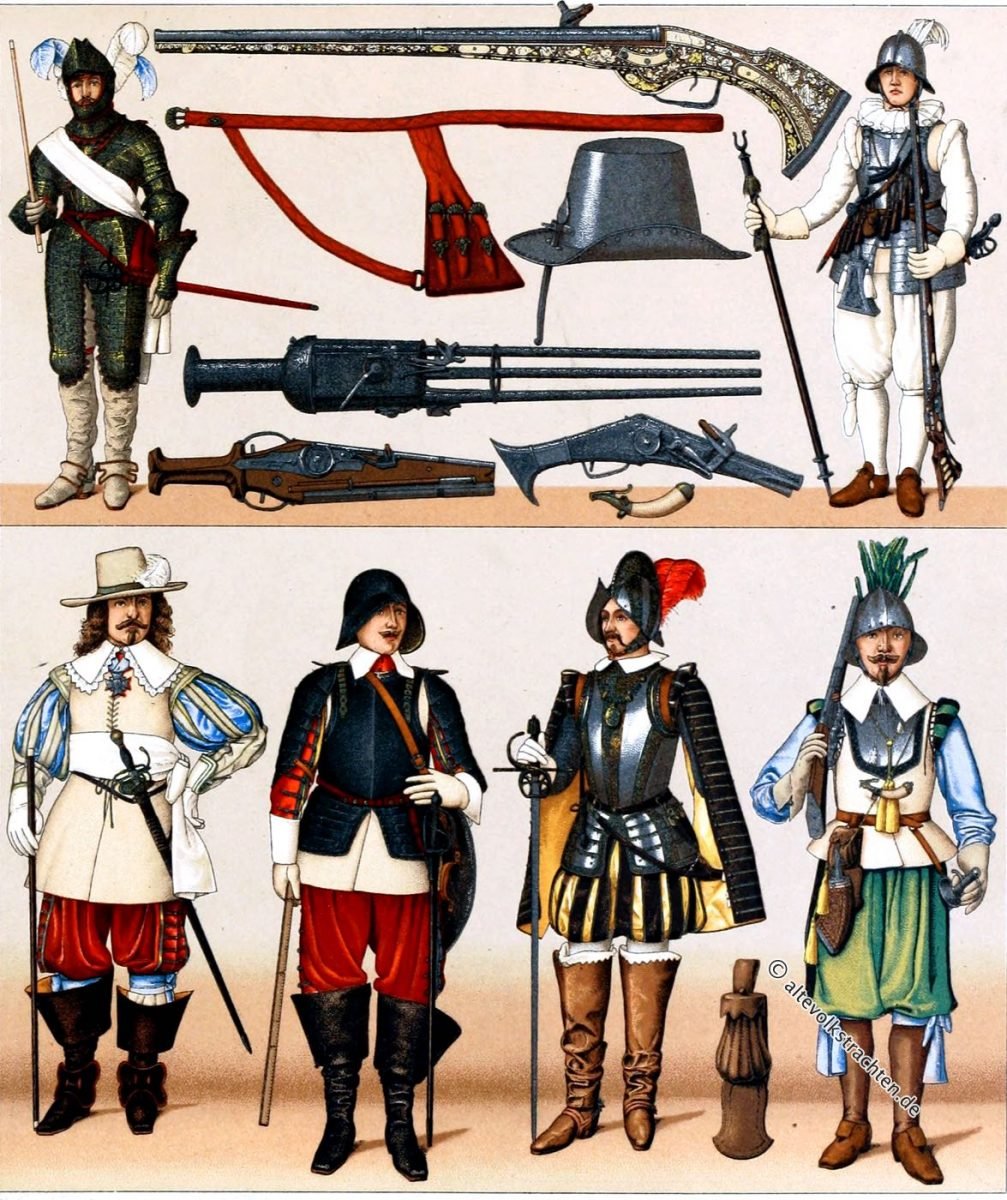 Frankreich militärische Trachten. Ende des XVI. und Anfang des XVII. Jahrhunderts. Waffen und Details der Ausrüstung.