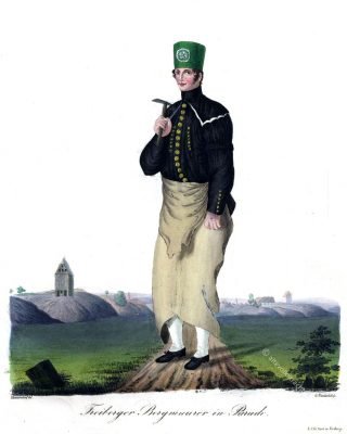 Freiberger Bergmauerer in Paradetracht. Sachsen 1830. Trachten der Berg- und Hüttenleute im Königreich Sachsen.