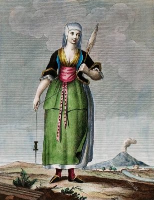 Tracht einer Frau auf der Via Chiaia in Süditalien, 18. Jh. Donna della strada di Chiaia nella Città di Napoli.
Femme de la Rue de Chiaia dans la Ville de Naples.