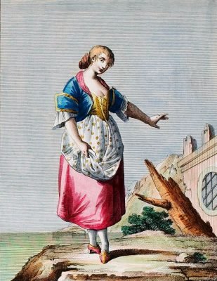 Tracht einer Frau aus St. Lucia, Süditalien, 18. Jh. Donna della Contrada di S. Lucia nella Citta di Napoli. Femme de la Paroisse de Ste. Lucie dans la Ville de Naples.