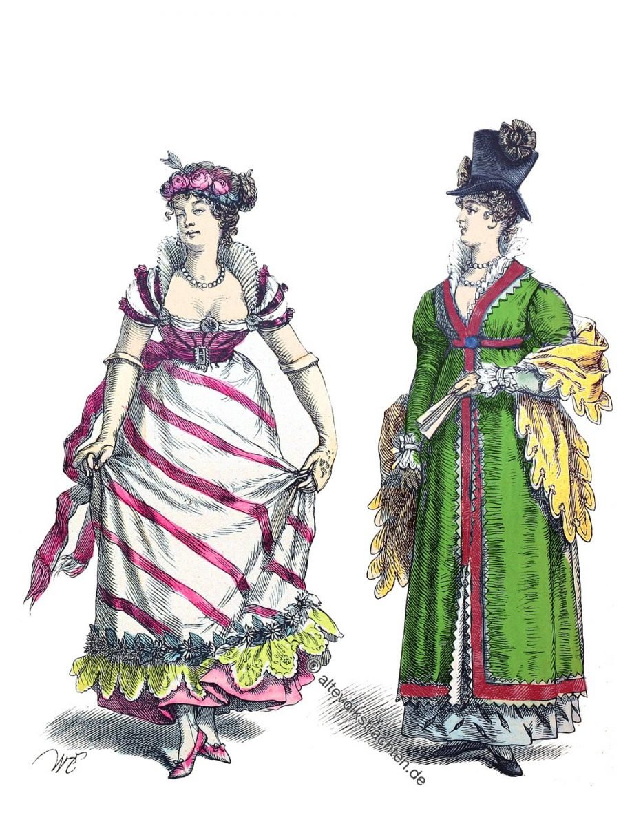 Mode des Empire 1805. Dame im Ballkleid. Dame mit Zylinderhut.