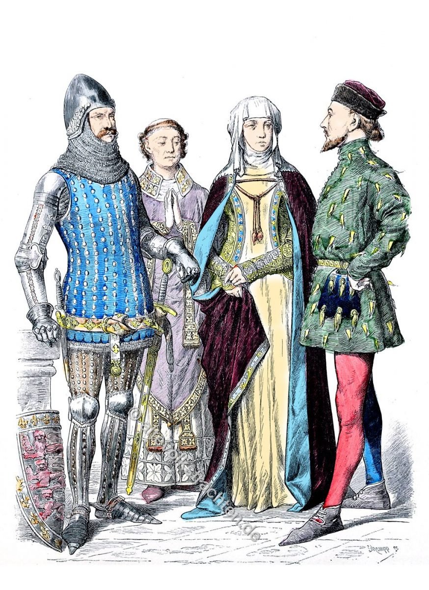 Mode in England zur Zeit Eduard III. Ritter 1365. Bischof 1330. Adelige Dame 1350. Adeliger 1390.