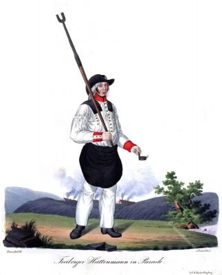 Freiberger Hüttenmann in Parade, 1830. Sachsen Trachten 19. Jahrhundert. Trachten der Berg- und Hüttenleute im Königreich Sachsen von Gustav Wunderlich und G. E. Rost. Freiberg 1830.