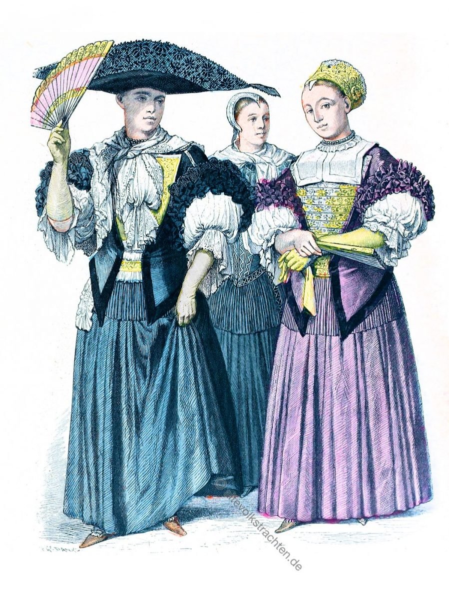 Münchener Bilderbogen, Mode des Barock in Strassburg. Bekleidung der Strassburger Jungfrauen und Hochzeiterin 1670-1690.