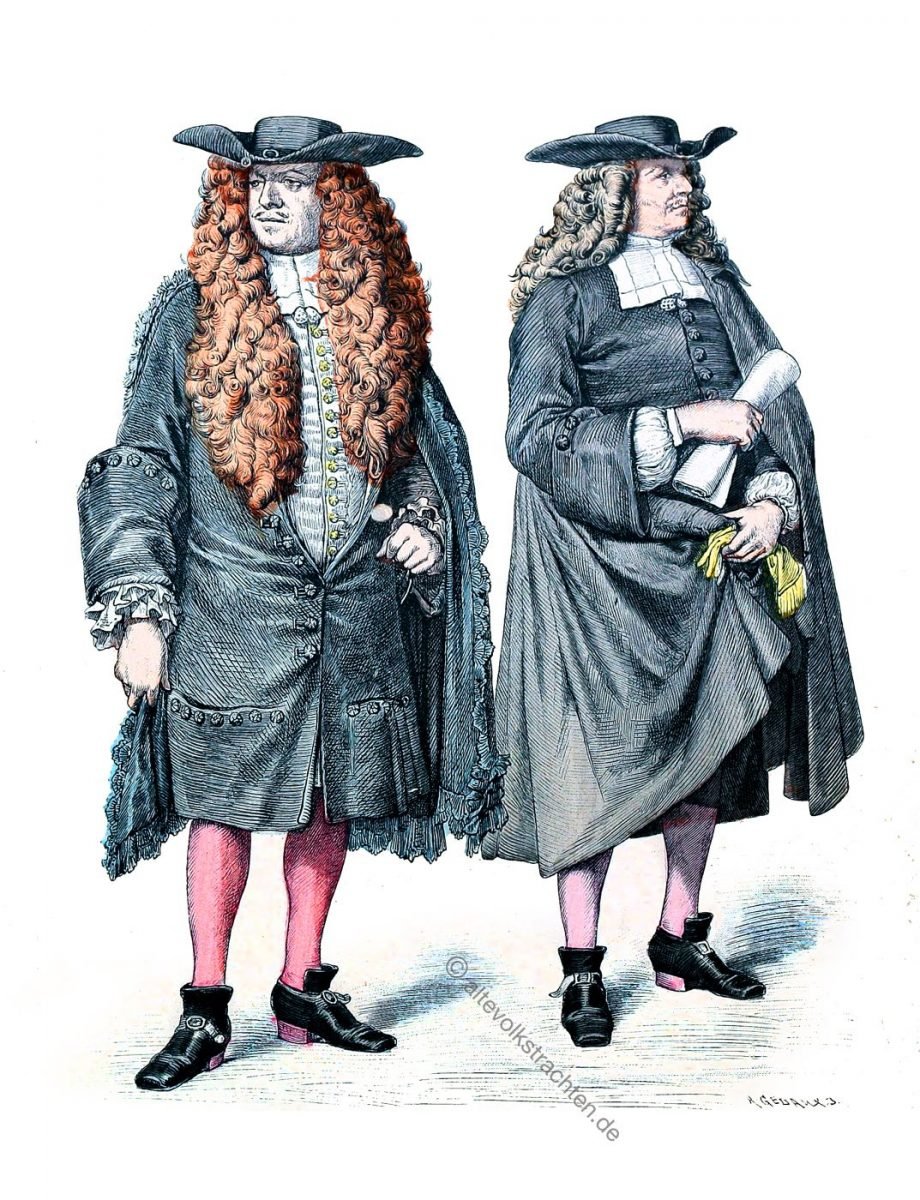 Strassburger Kostüme des Barock. Monsieur le Consul (Ameister) und Strassburger Ratsherr mit Allongeperücken.