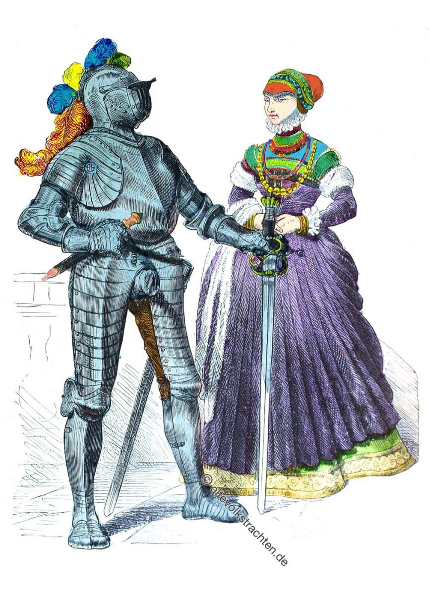 Ritter, Edelfrau, Gewandung, Kostüme, Mittelalter, Renaissance, Mode, Münchener Bilderbogen